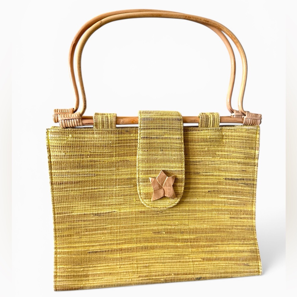 Yellow Straw Top-Handle Bag with Star Accent